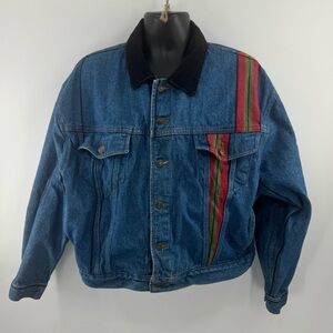 Vintage BIKE Denim Jacket with Corduroy Collar and Racing Stripe Detail Size M